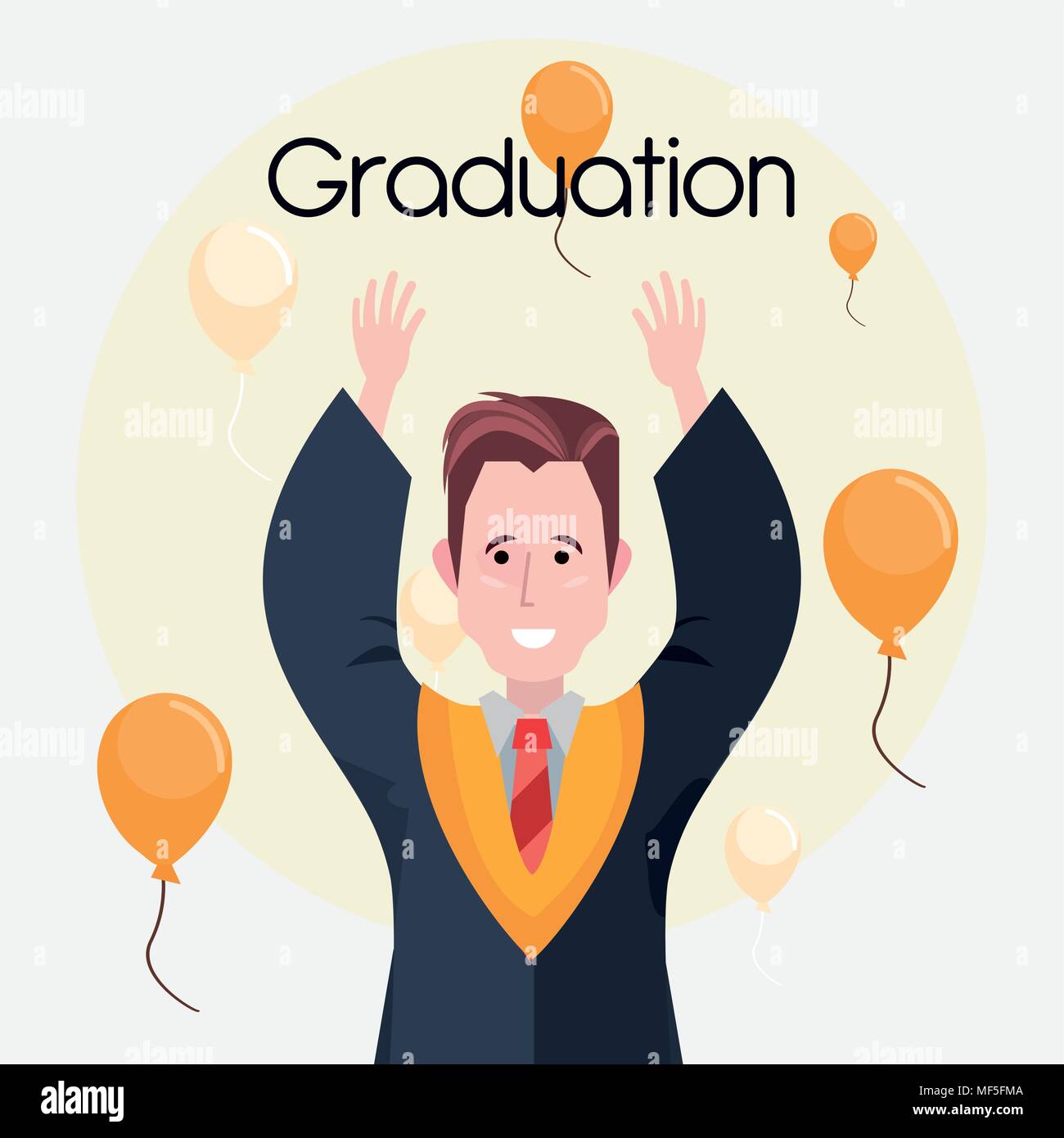 happy graduated man with decorative balloons around over white ...