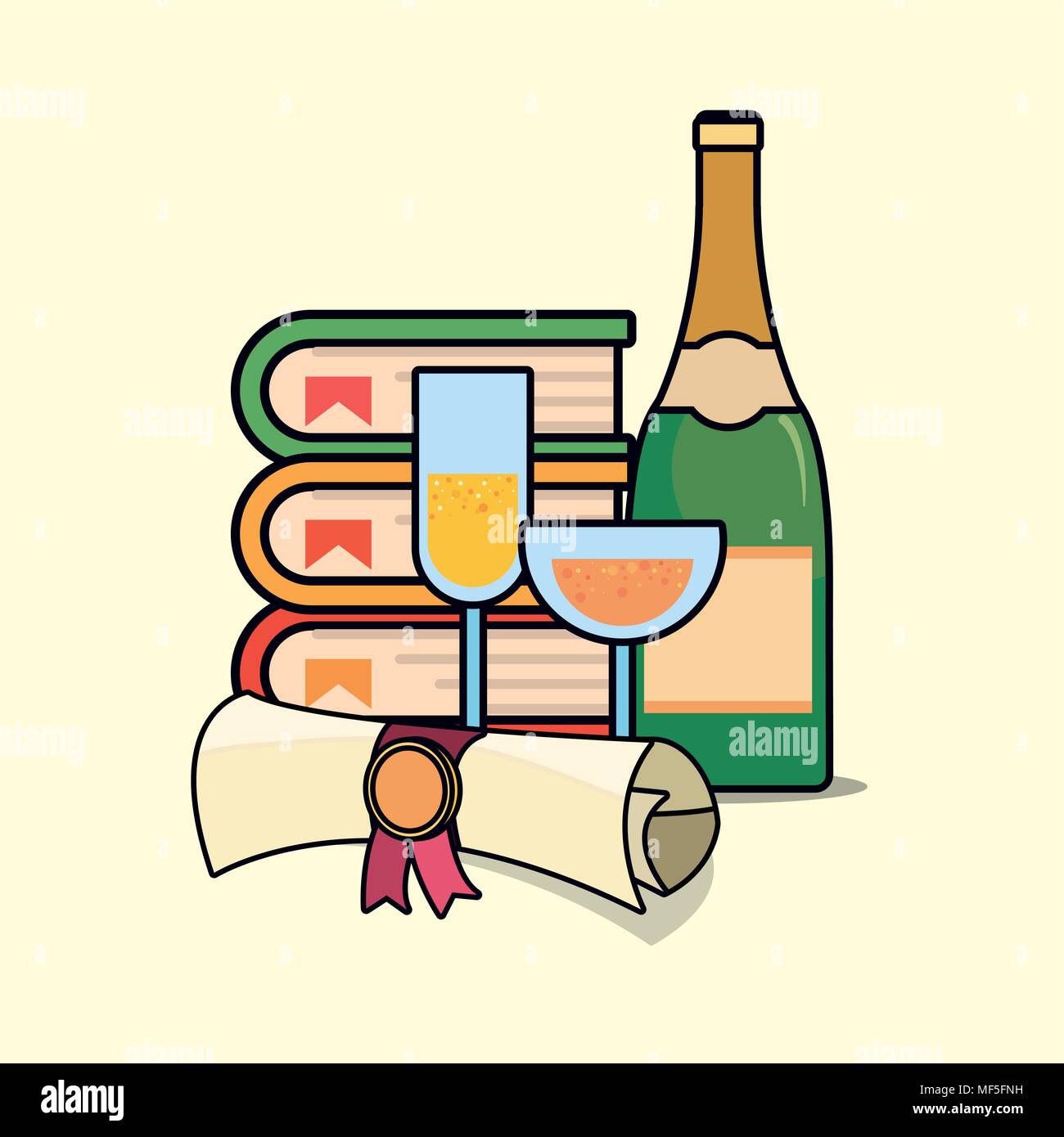 graduation diploma and champagne bottle and glasses over yellow