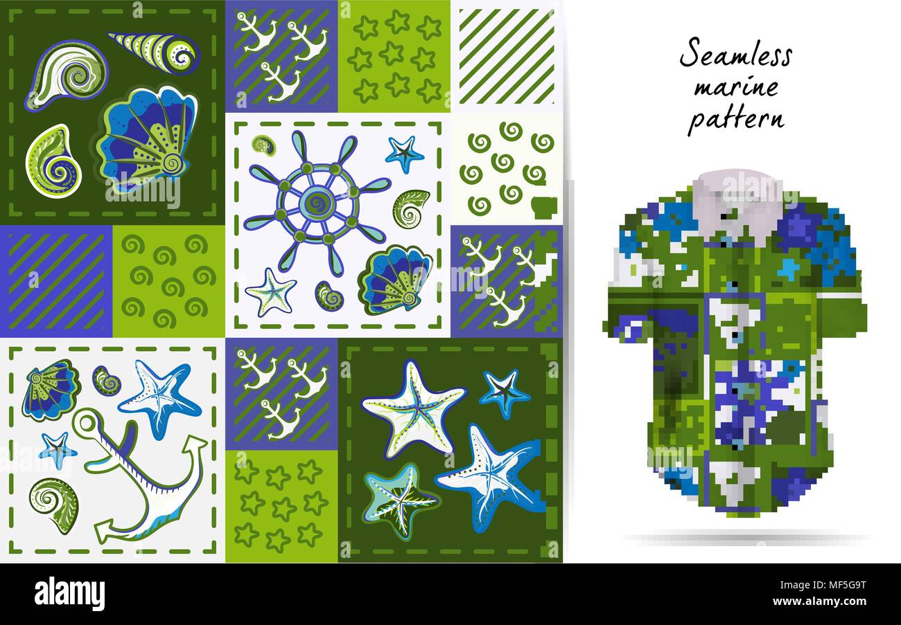 Nautical marine patchwork seamless pattern with shells, starfish ...