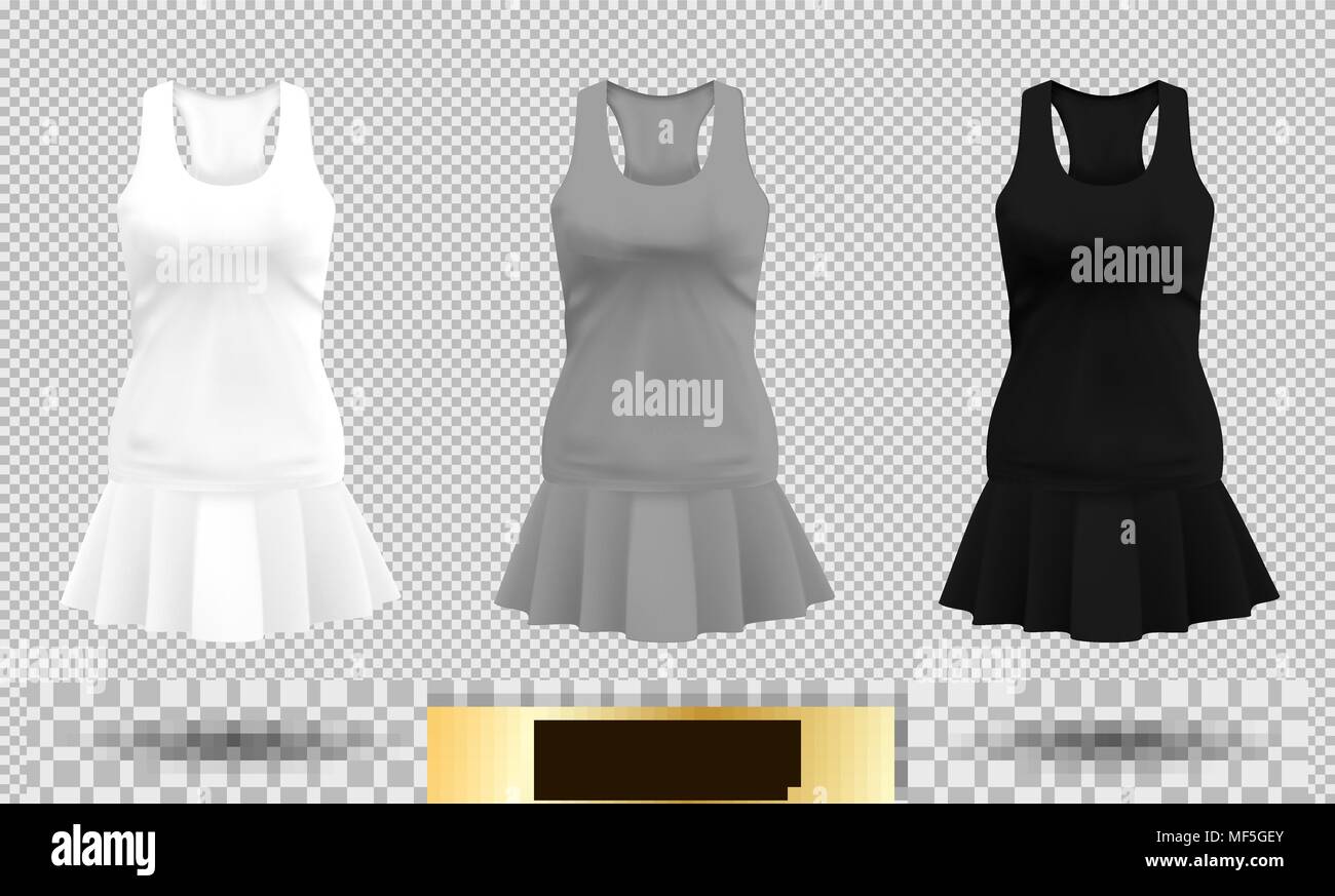 Women's short dress-shirt mockup collection. Realistic vector illustration. Fully editable handmade mesh. Classic dress with short sleeves. Stock Vector