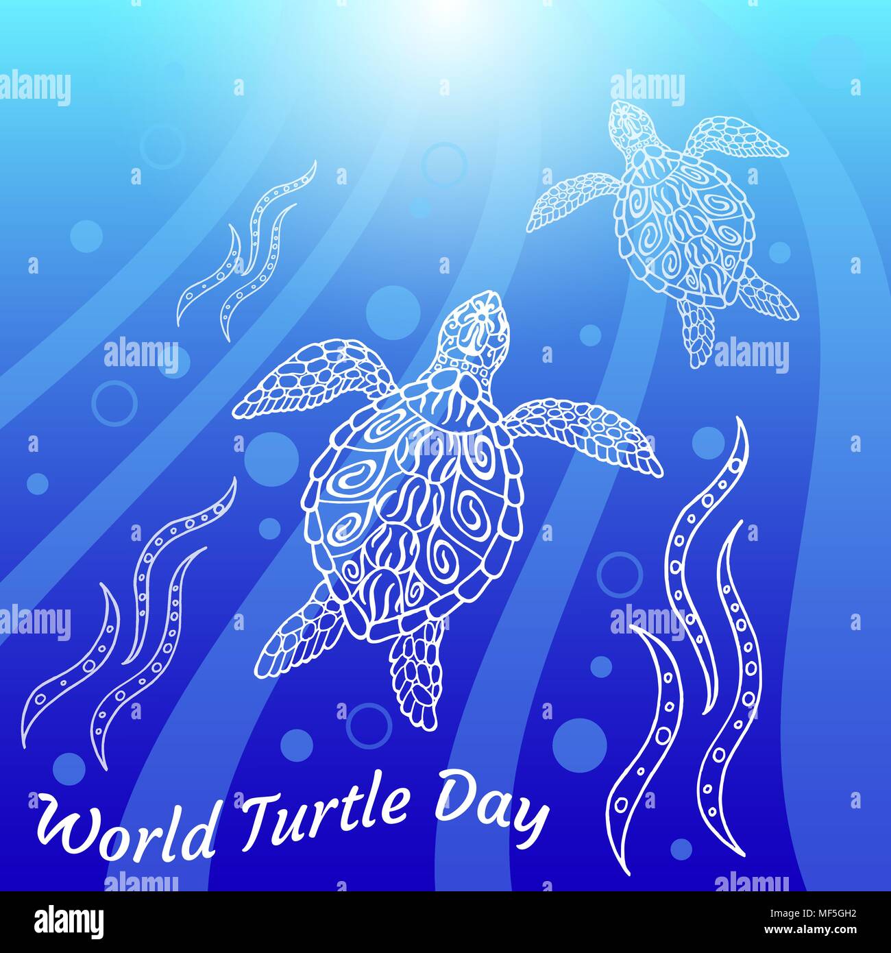 World Turtle Day. Water turtles swim up. Rays, bubbles, light. Drawing in ethnic aboriginal style. Blue background Stock Vector