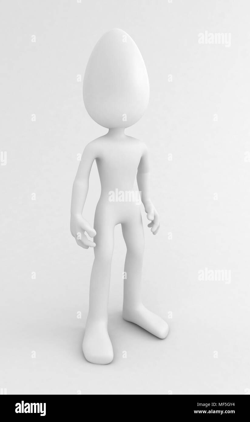 A White 3d figure with an egg for the head, standing Stock Photo