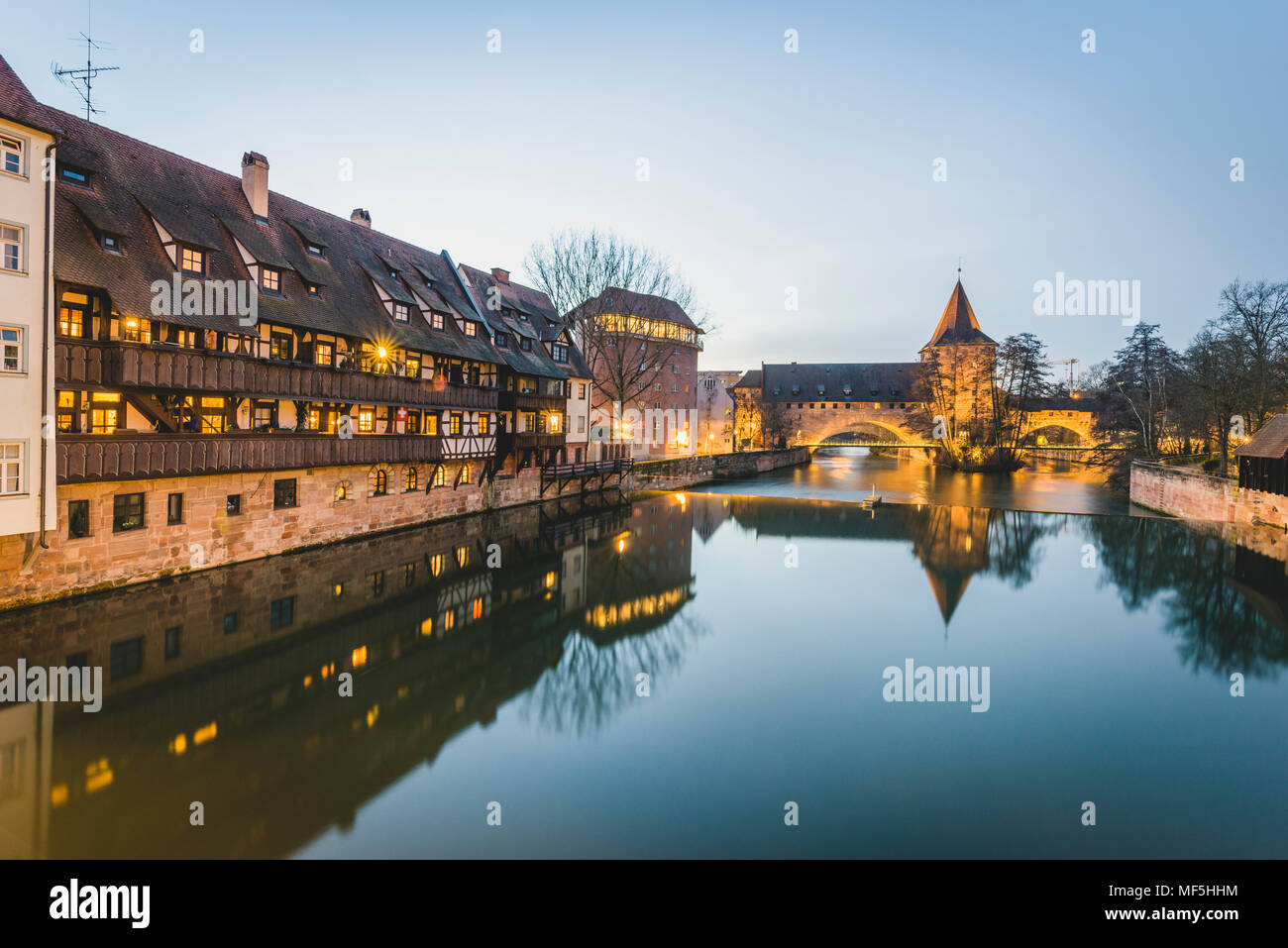 Germany, Bavaria, Nuremberg, Old town, Hallertor Bridge, Pegnitz river at blue hour Stock Photo