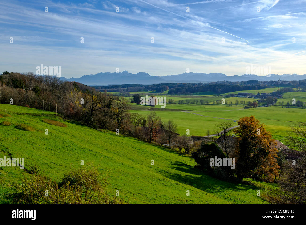 Aussicht von Jakobsbaiern, auf die Alpen und das Glonntal,  Antholing, Baiern, Oberbayern, Bayern, Deutschland, Stock Photo