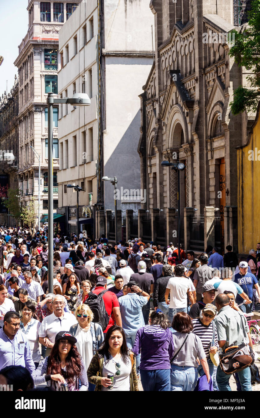 Mexico City,Mexican,Hispanic,historic Center Centre,Avenida Calle Francisco Madero,pedestrians street,very crowded,man men male,woman female women,str Stock Photo