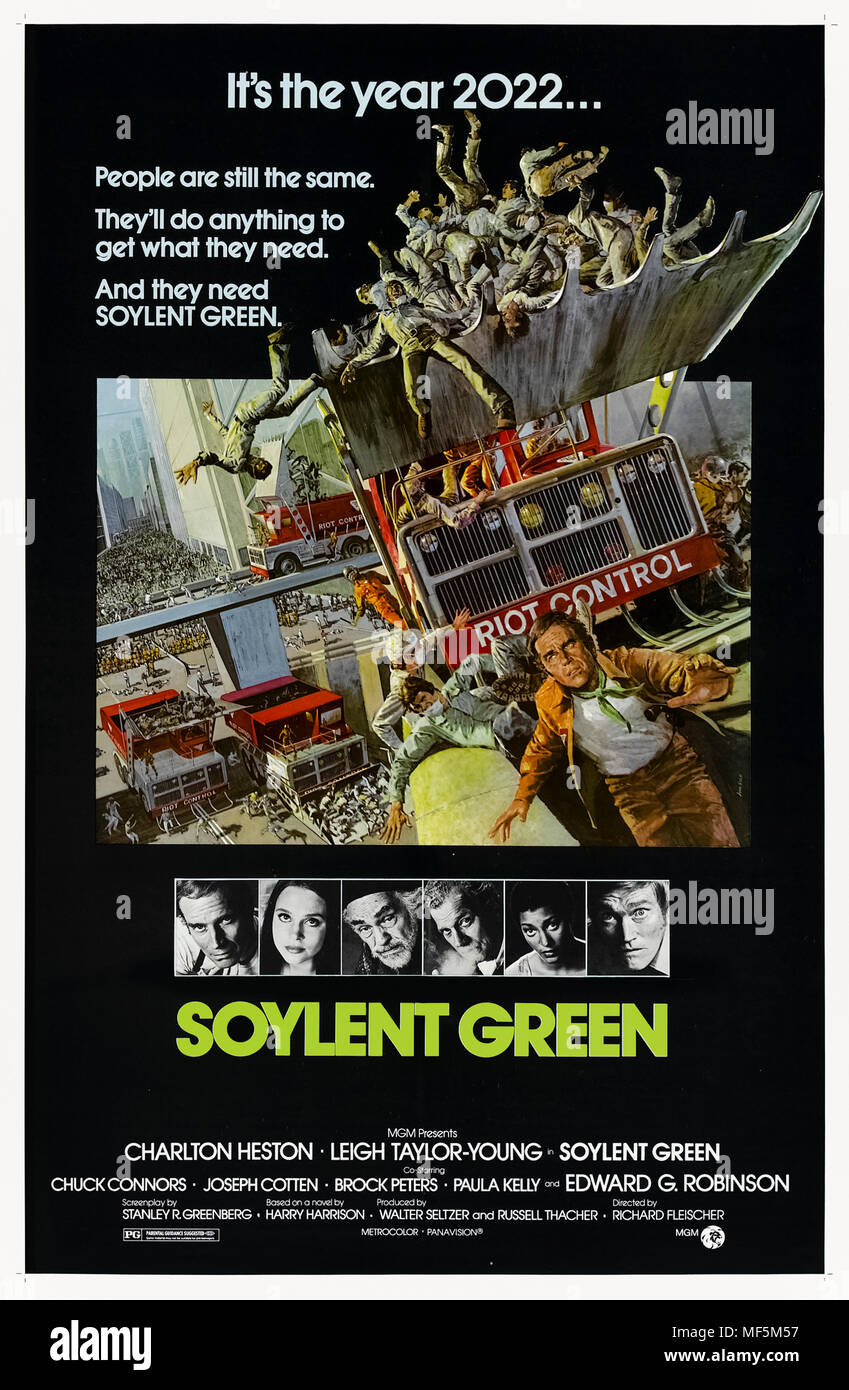 Soylent Green (1973) directed by Richard Fleischer and starring Charlton Heston, Edward G. Robinson and Leigh Taylor-Young. Screen adaptation of Harry Harrison’s 1966 science fiction novel Make Room! Make Room! about the over populated resource scarce world of 2022. Stock Photo