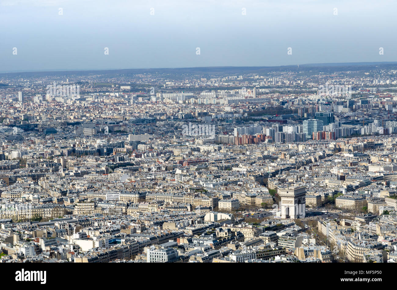 View of the city of Paris, including the Arc de Triomphe, from the Eiffel Tower, France Stock Photo
