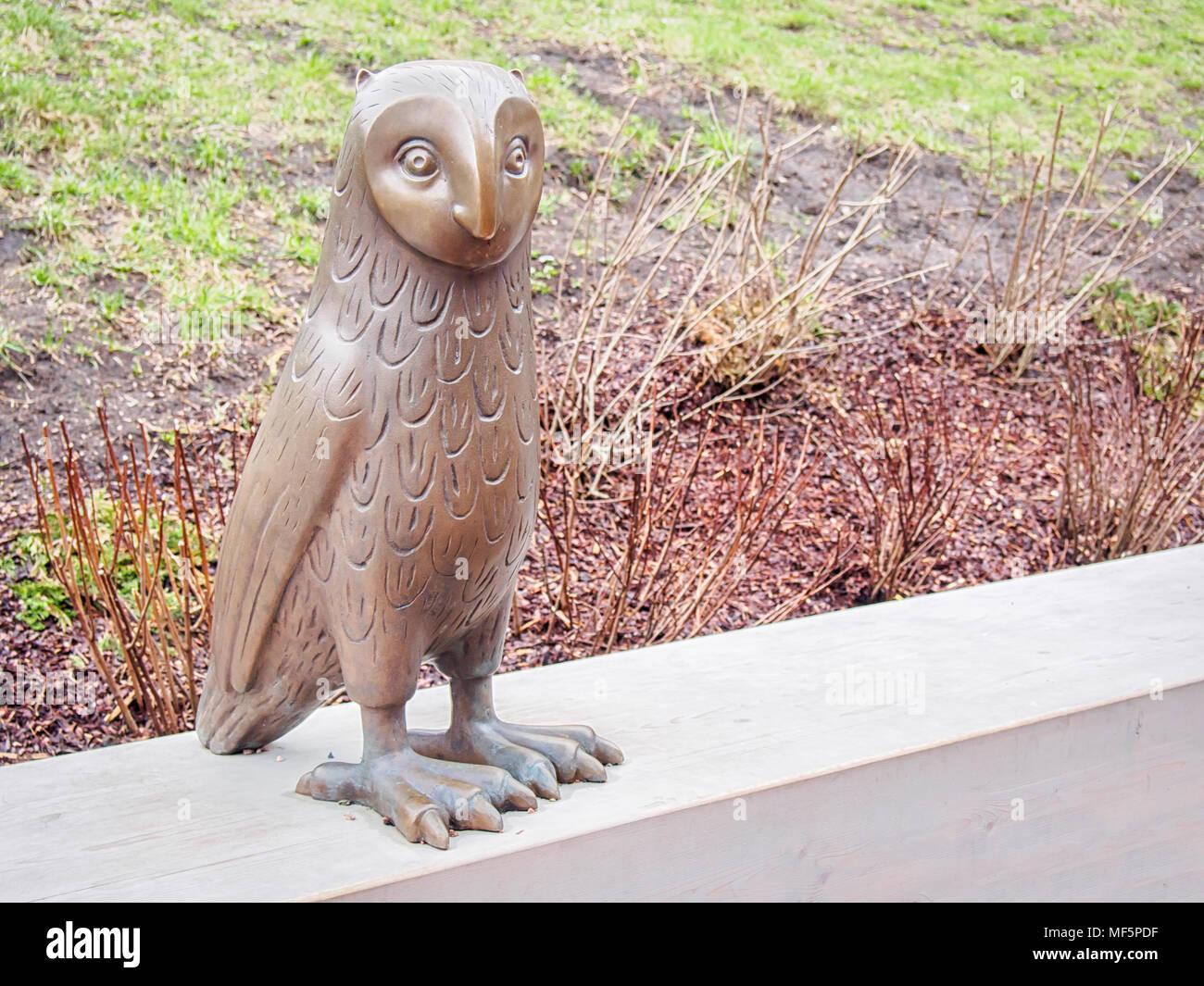 RIGA, LATVIA-APRIL 17, 2018: Funny Owl statue by Liene Mackus at the children's playground 'Labyrinth' Stock Photo