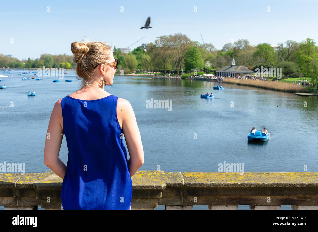 Woman watching boats on the Serpentine at Hyde Park, London Stock Photo
