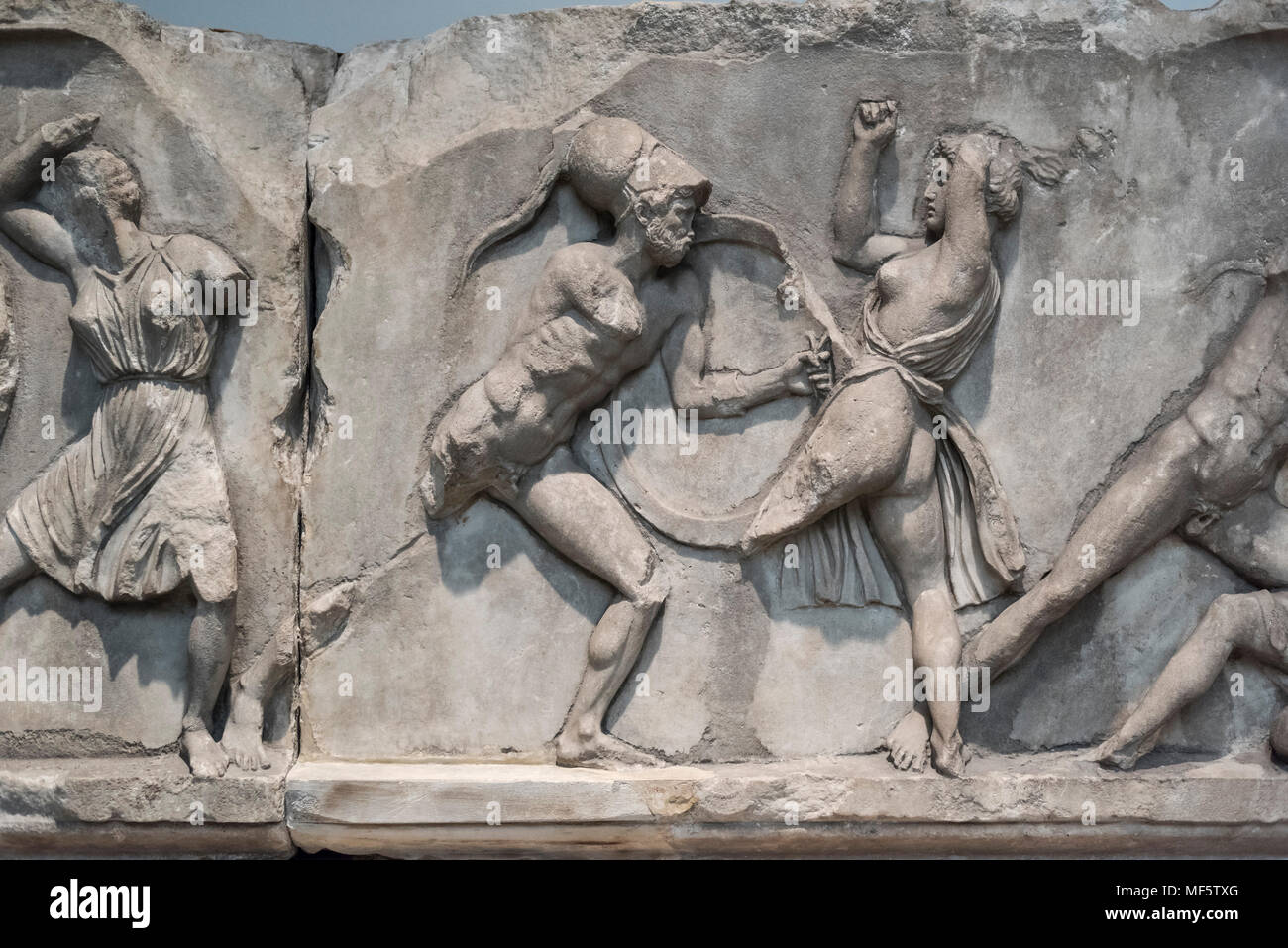 London. England. British Museum, Relief from the Mausoleum at Halikarnassos (Halicarnassus or Tomb of Mausolus), Section from the Amazon Frieze, detai Stock Photo