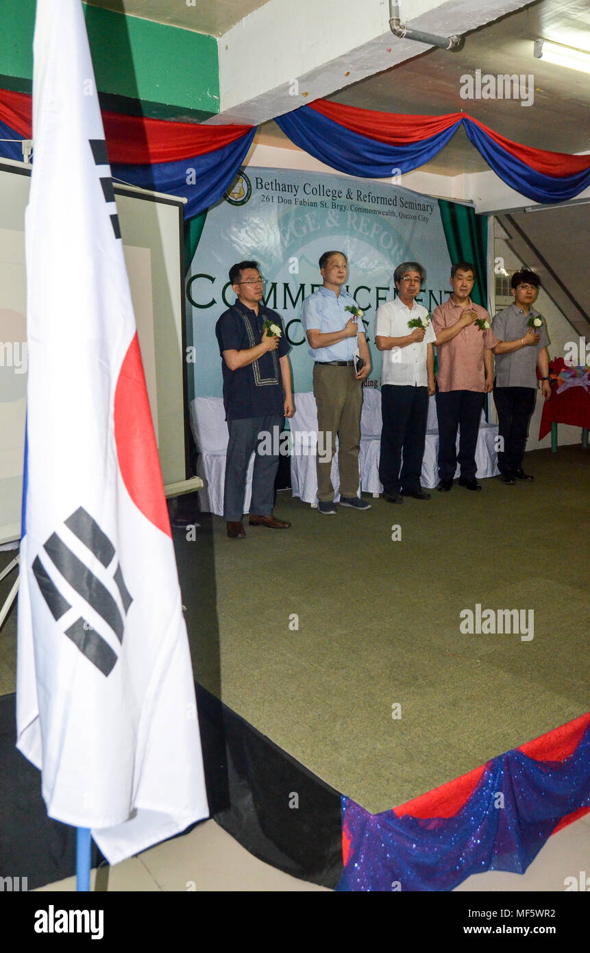 Quezon City, Philippines. 11th Apr, 2018. It was attended by the main guest speaker Rev. Cho, Jin Yong, Senior Pastor of Hanori Church in USA, studied in Westminster and Professor of Theological Seminary in California, and followed by Rev. Jong Chul Kim, School Chairman, Rev. JIn Byeong Jin, President of Changwon Miral Mission Center, Professor at Mirae University, Pastor of Seomona Church Disability Ministry Department in Korea who gave their inspirational, motivation and encouragement to six students. Credit: Robert Oswald Alfiler/Pacific Press/Alamy Live News Stock Photo