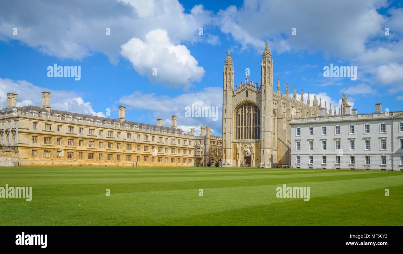 Cambridge, Cambridgeshire, United Kingdom - April 17, 2016. The famous King's College Chapel from the bank of river Cam on a bright sunny day. Stock Photo