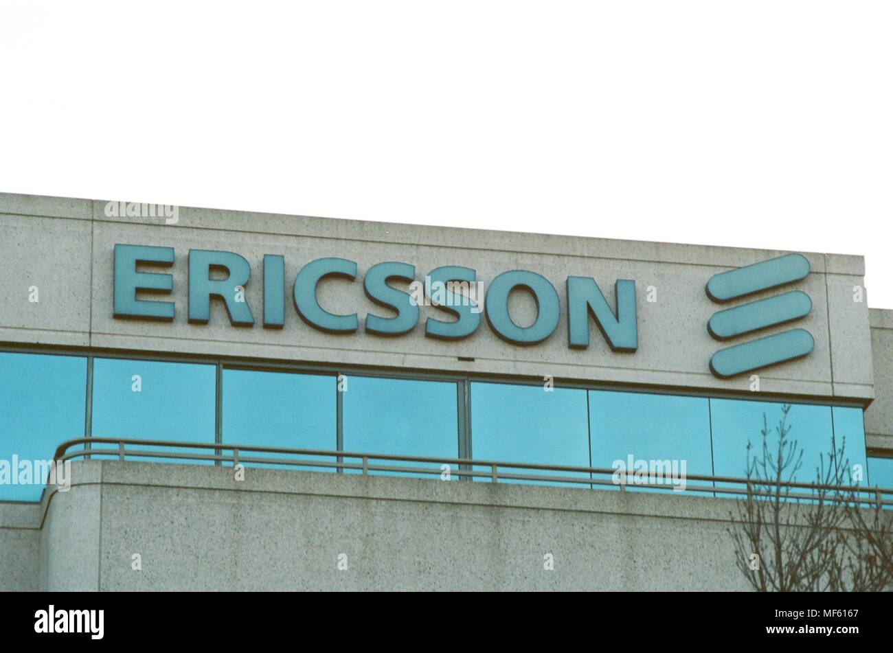 Close-up of sign with logo on the facade of mobile device company Ericsson in Pleasanton, California, March 26, 2018. () Stock Photo