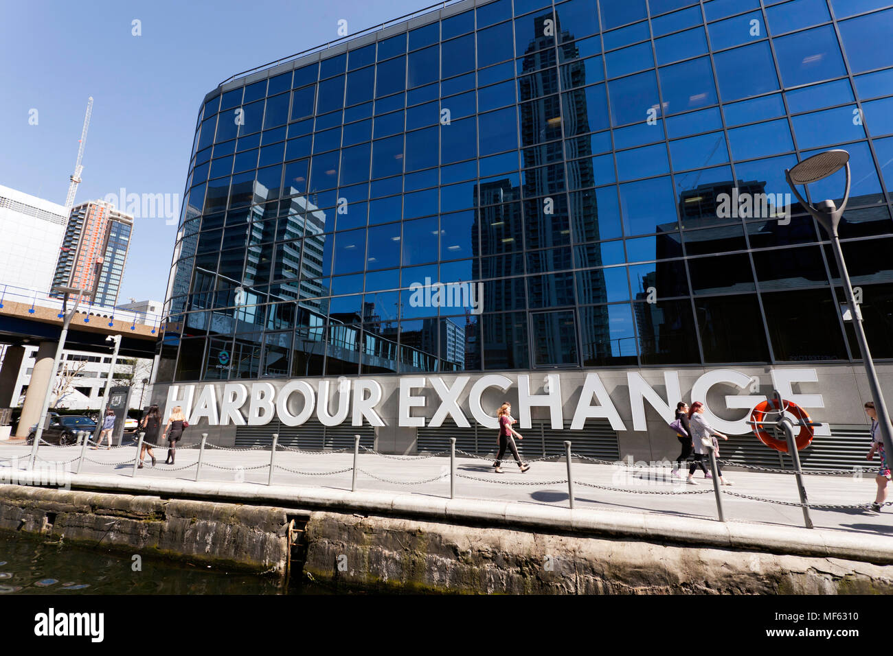 View of part of the Harbour Exchange Building,  Millwall Inner Dock, Isle of Dogs, London Stock Photo