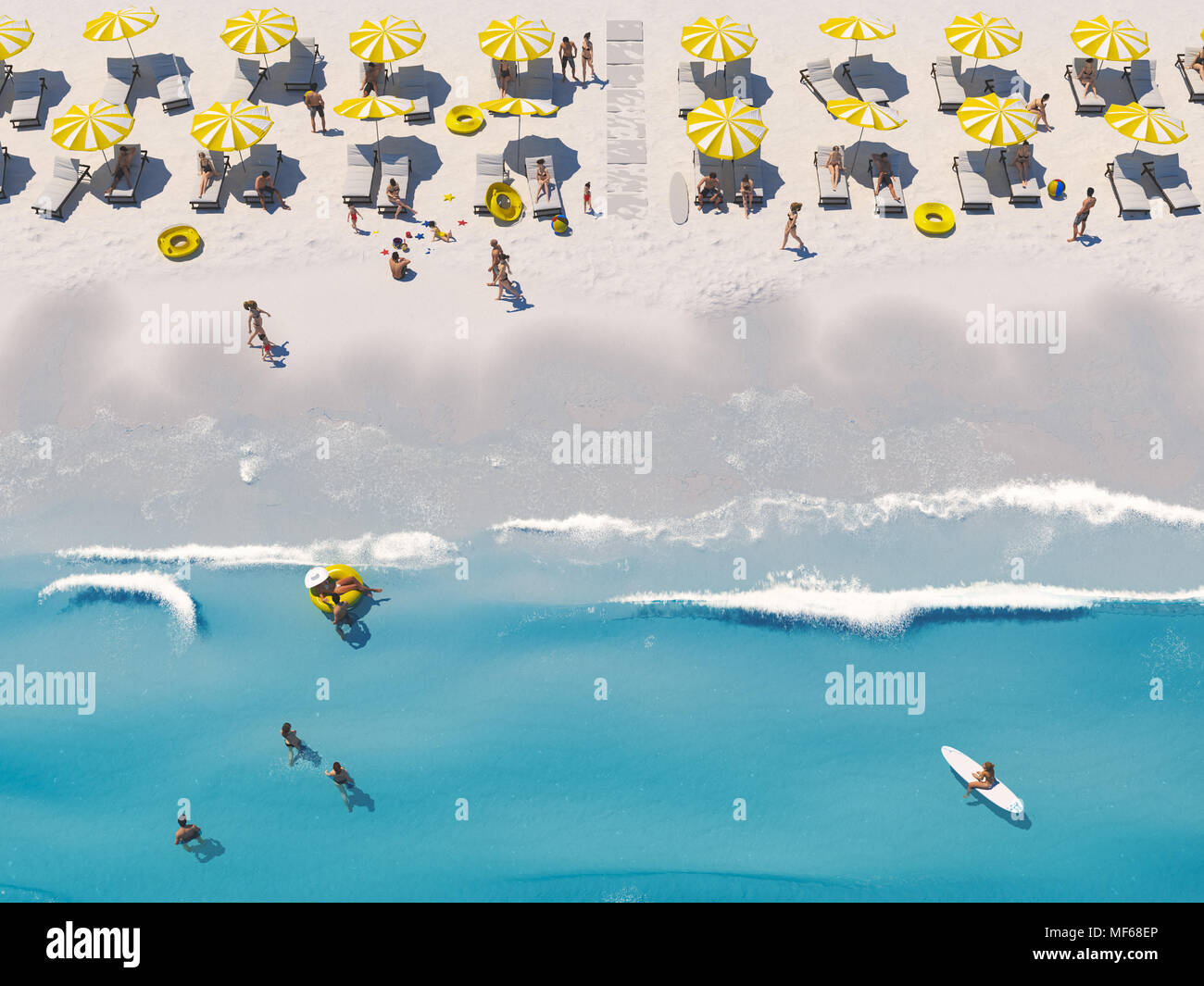 aerial top view on the beach with lots of beach umbrella. 3D rendering ...
