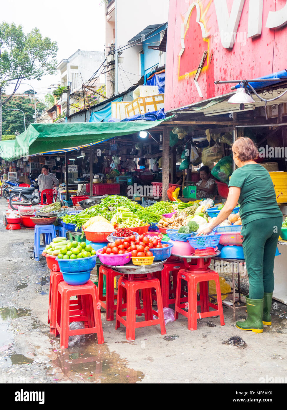 Fruit and vegetable market stalls in the Ton That Dam Street markets, Ho Chi Minh City, Vietnam. Stock Photo