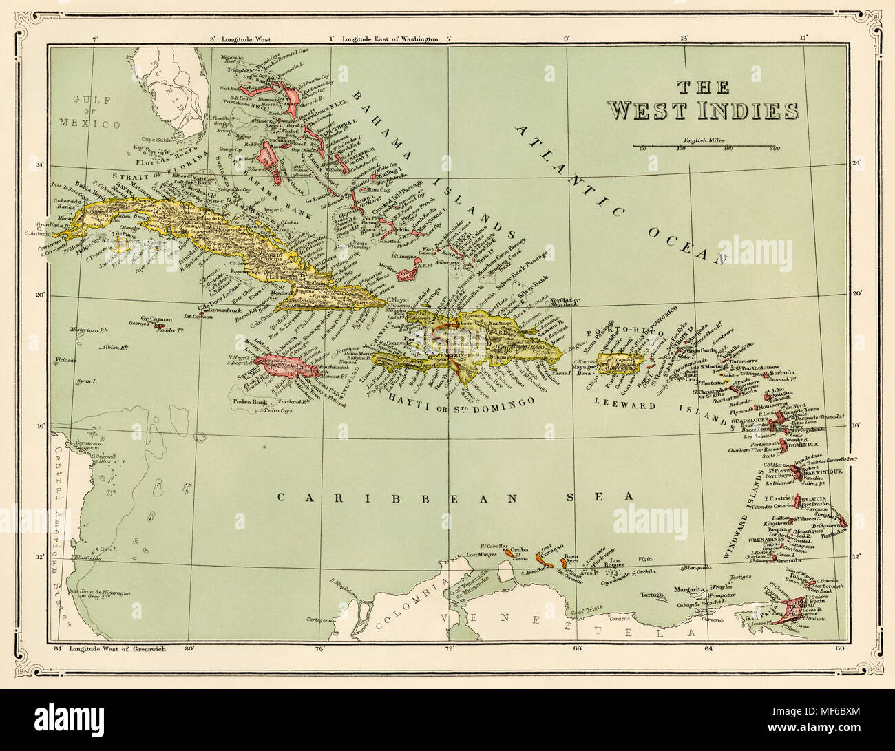 Map of Caribbean islands called the West Indies, 1870s. Printed color lithograph Stock Photo