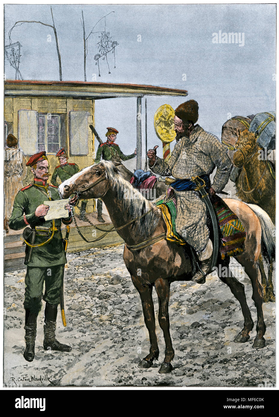 Cossack post guarding the Russian-Afghan frontier, 1892. Hand-colored halftone of an illustration Stock Photo