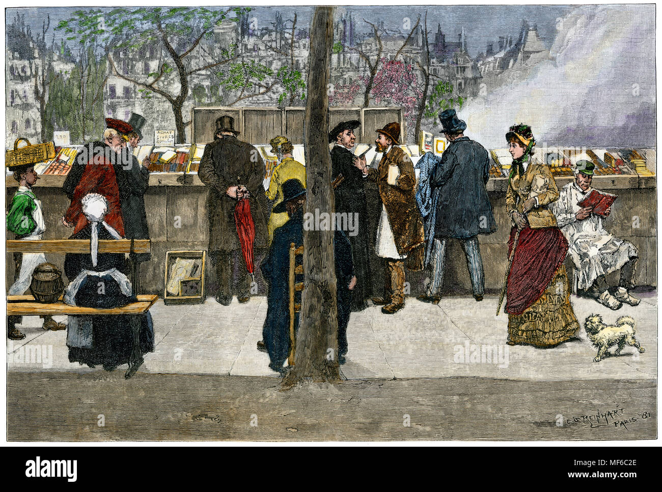 Bookstall on a Paris boulevard along the Seine, 1880s. Hand-colored woodcut Stock Photo