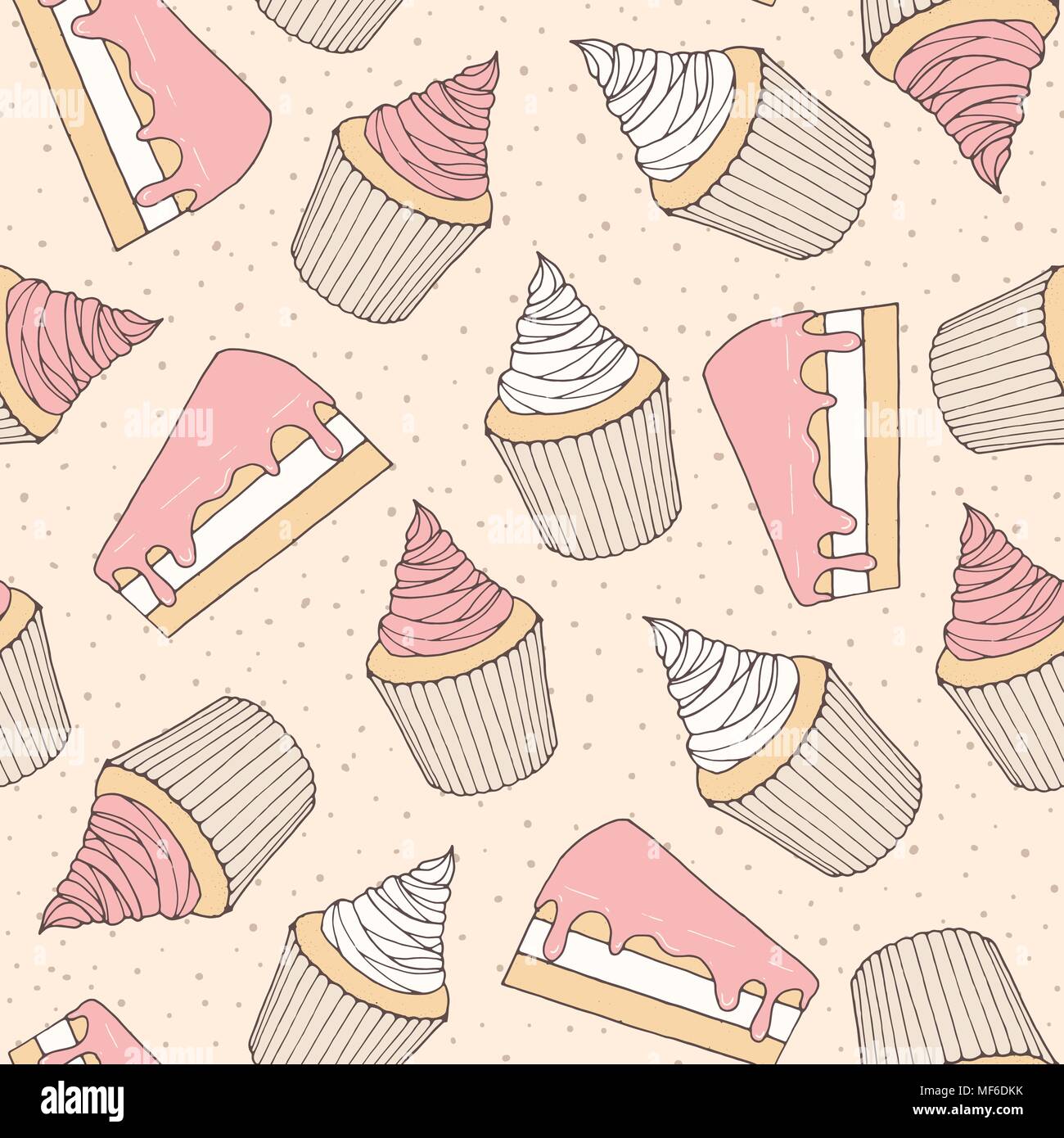 Hand drawn vector pastry seamless pattern with cake pieces and cupcakes ...