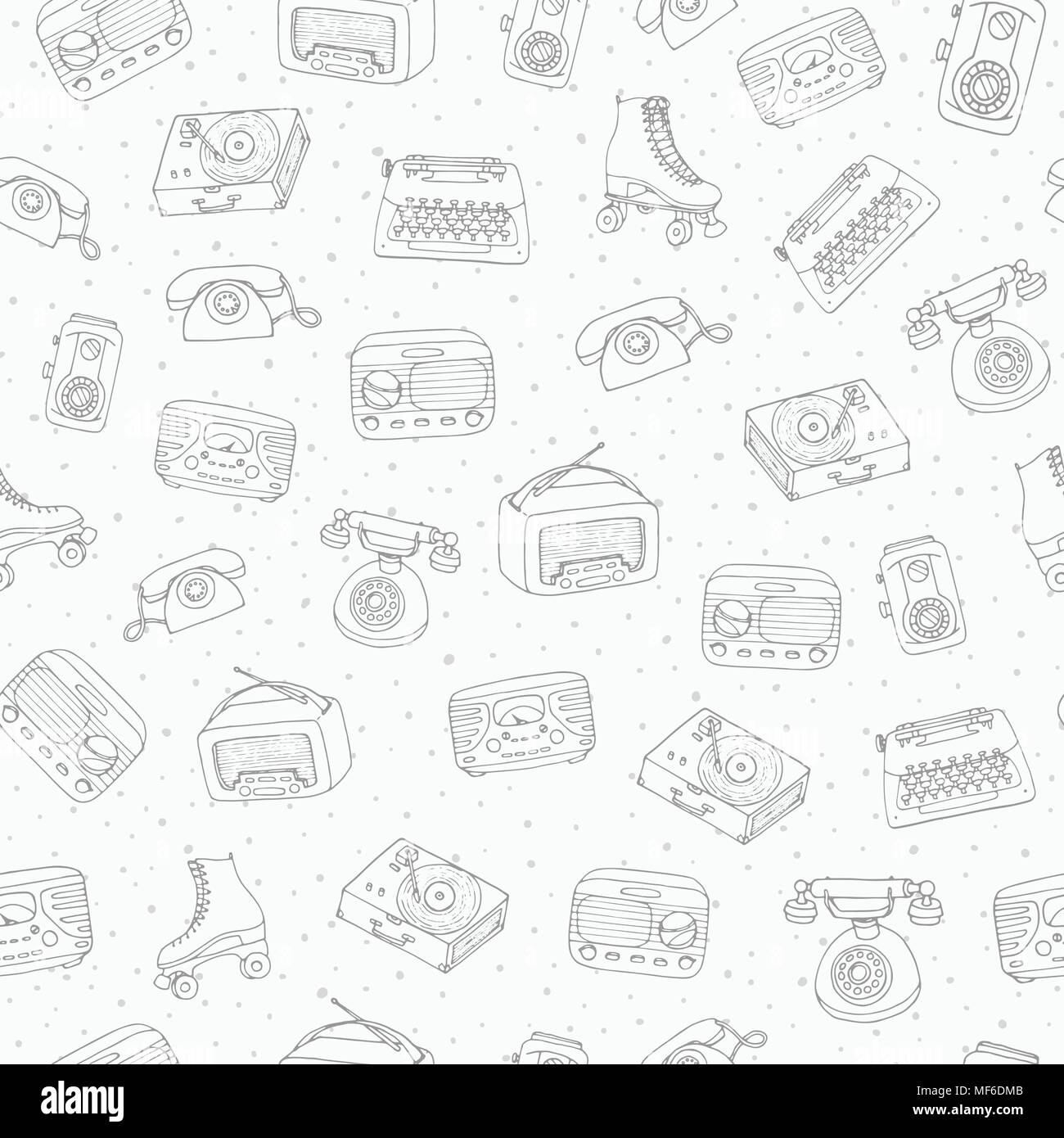 Hand drawn vector retro seamless pattern with antique tech, radio, typewriter, roller skates and vinyl  record player contours on the dotted backgroun Stock Vector