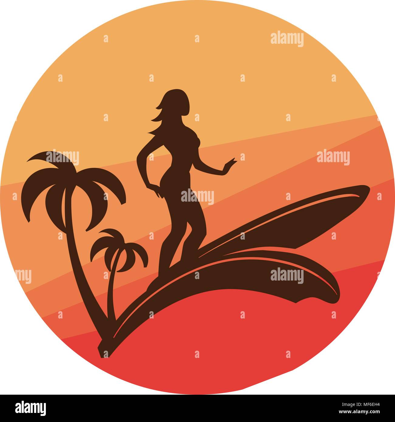 silhouette of surfing young woman with colorful sunset on background Stock Vector