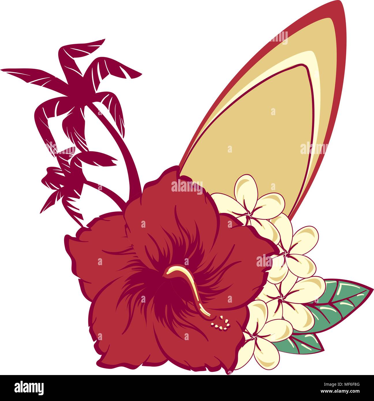 Surfboard in hawaiian flowers bouquet hibiscus and plumeria and palms Stock Vector