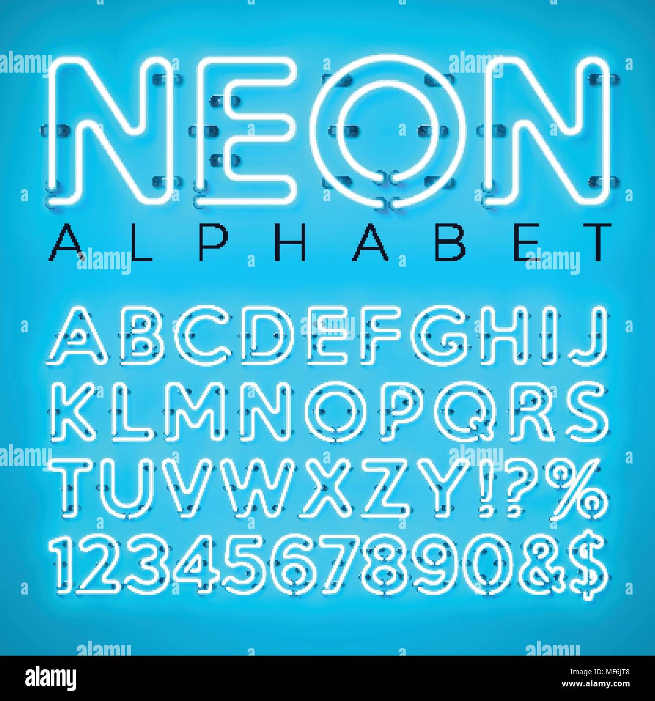 Bright Neon Alphabet On Blue Background Vector Letter Number And
