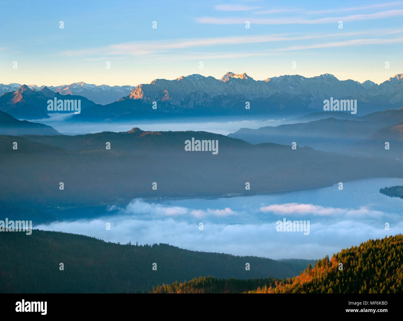 Walchensee and Wetterstein range, view from Hirschhörnlkopf over cloud cover, Jachenau, Isarwinkel, Upper Bavaria, Bavaria Stock Photo