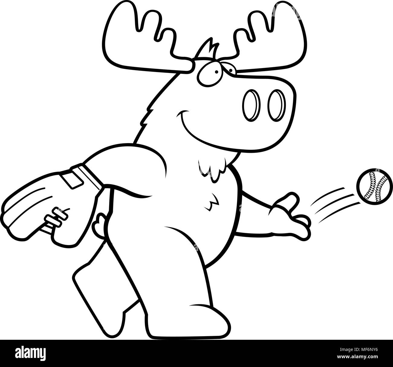 A cartoon illustration of a moose tossing a baseball. Stock Vector
