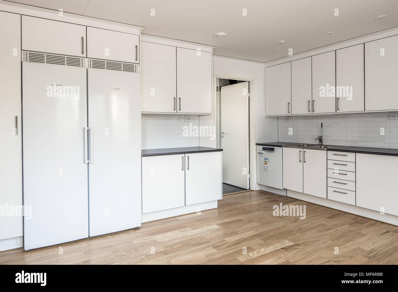 Modern stylish Scandinavian kitchen interior with kitchen accessories.  Bright white and grey kitchen with household items in studio apartment  Stock Photo - Alamy