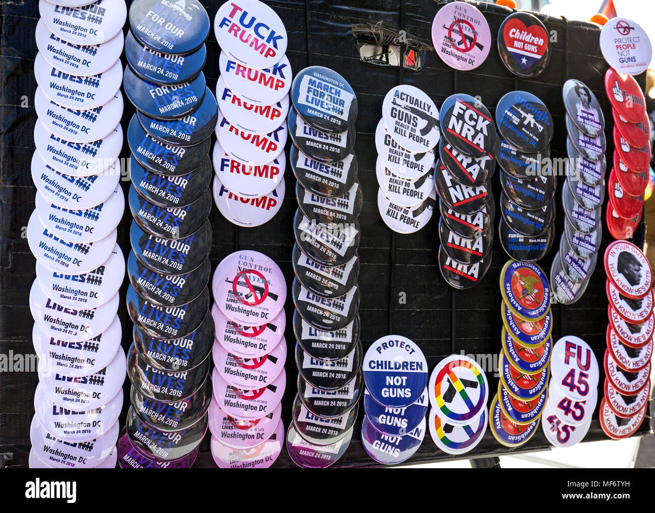 March For Our Lives badges on sale during the rally against gun violence on March 24, 2018 in Washington, DC, USA Stock Photo