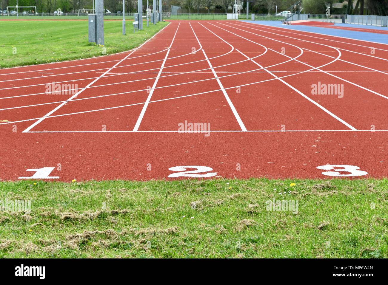 Lanes one, two and three of Par athletic track Stock Photo