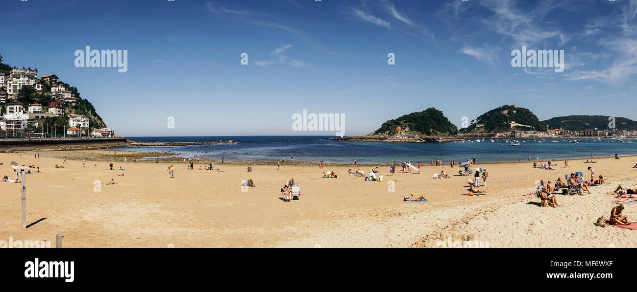 Panoramic view of La Concha Beach in San Sebastian, on a rare sunny day a the end of the Summer Stock Photo
