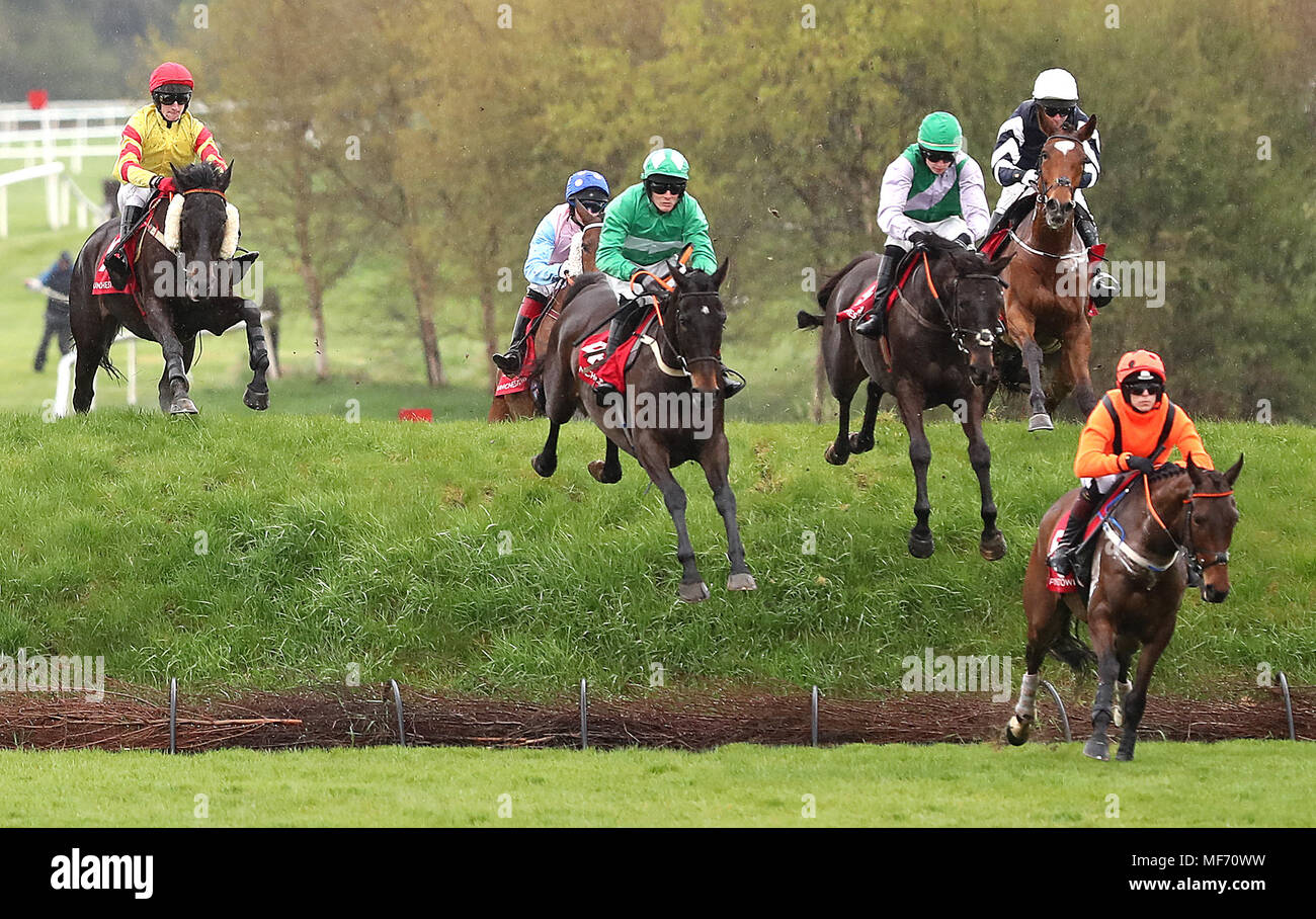 Just Wait And See ridden by Jockey Billy Gleeson (centre) on the way to winning the Kildare Hunt Club Fr Sean Breen Memorial Chase For The Ladies Perpetual Cup during day one of the Punchestown Festival 2018 at Punchestown Racecourse, County Kildare. PRESS ASSOCIATION Photo. Picture date: Tuesday April 24, 2018. See PA story RACING Punchestown. Photo credit should read: Niall Carson/PA Wire Stock Photo