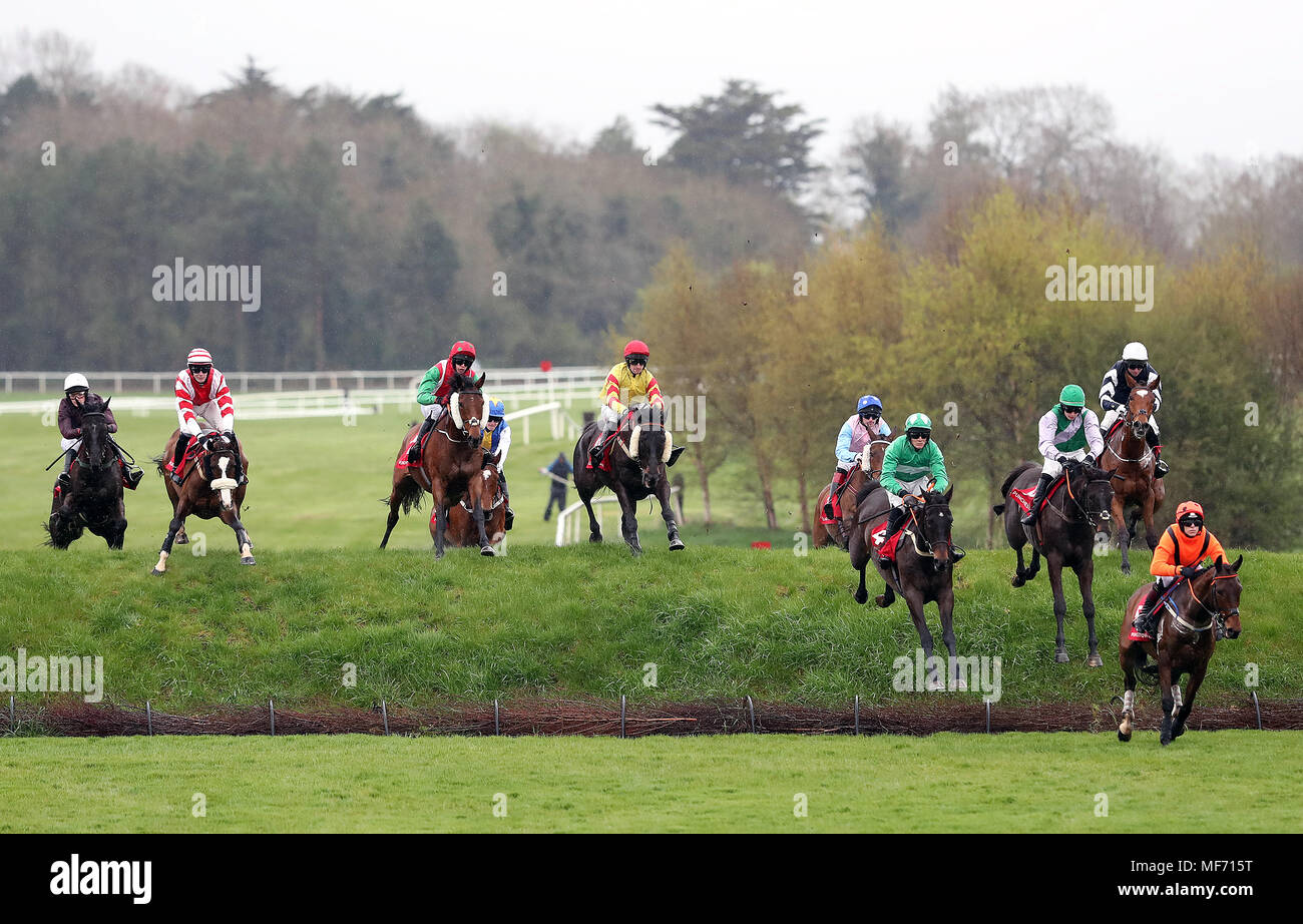 Just Wait And See ridden by Jockey Billy Gleeson (centre right) on the way to winning the Kildare Hunt Club Fr Sean Breen Memorial Chase For The Ladies Perpetual Cup during day one of the Punchestown Festival 2018 at Punchestown Racecourse, County Kildare. Stock Photo