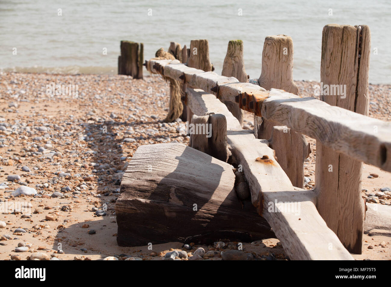 Old wave breakers on beach,  at Pevensey West Sussex, UK Stock Photo