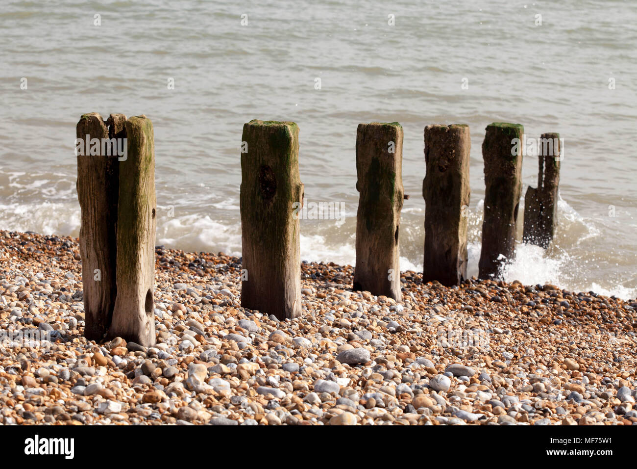 Wave breakers on beach going out to sea,  at Pevensey West Sussex, UK Stock Photo