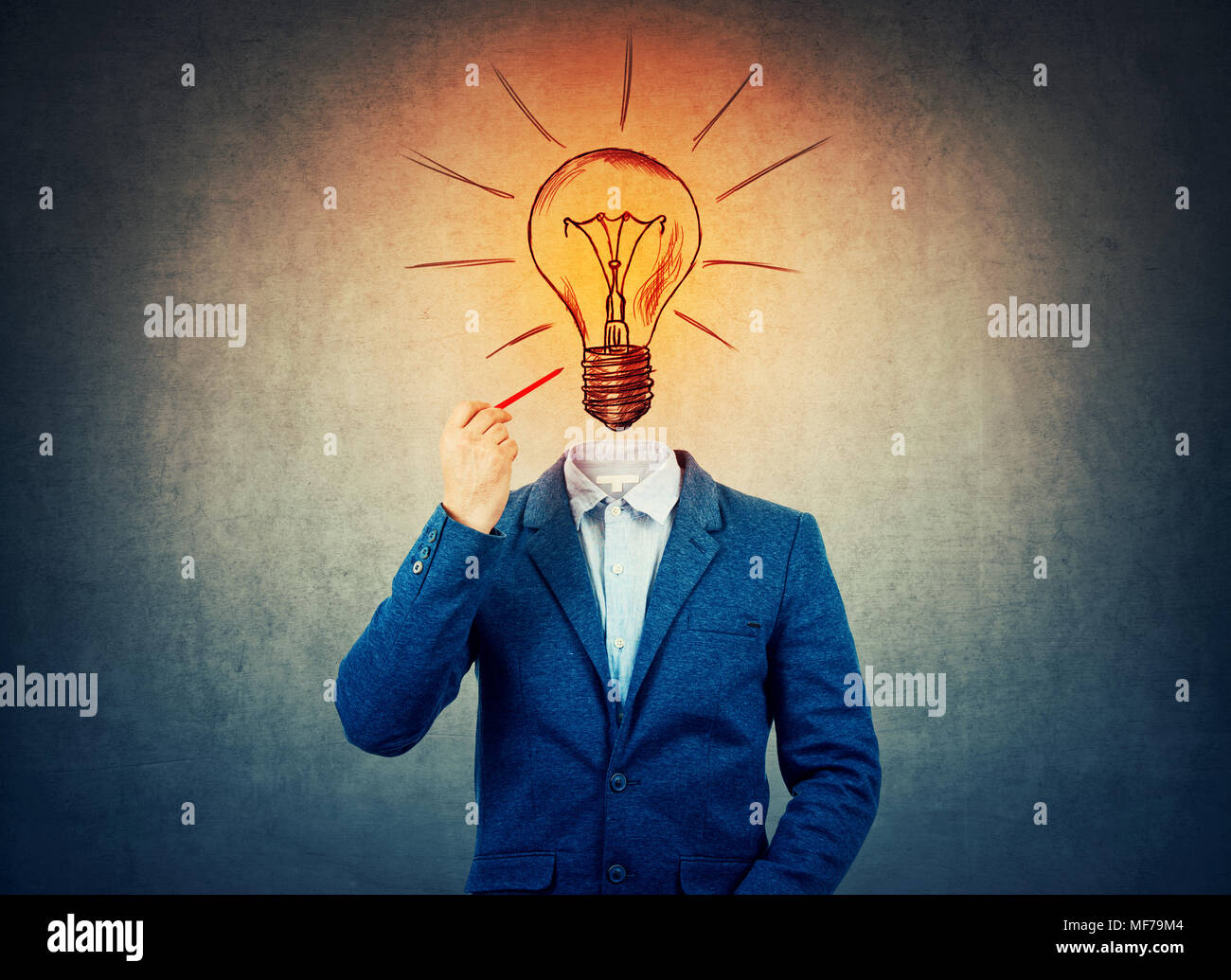 Surreal image as a businessman with invisible face holding a pencil in his hand draw glowing bulb, as an idea and inspiration symbol. Lightbulb instea Stock Photo