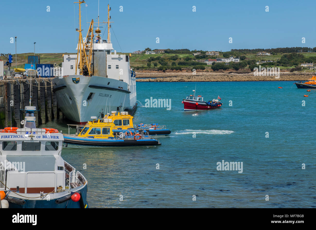 The busy harbour of Hugh Town on St Mary's, in the Isles of Scilly Stock Photo