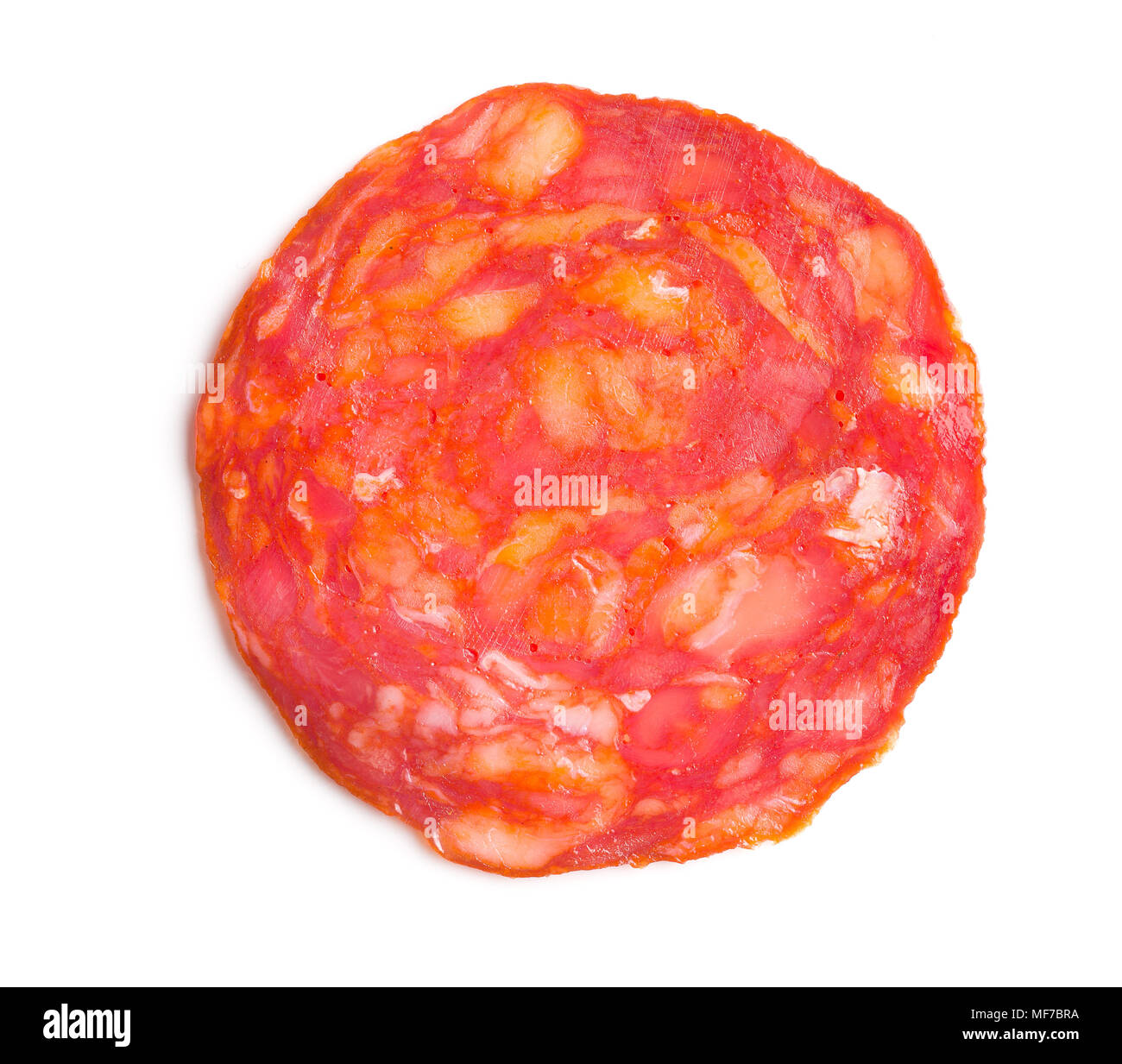 Slices of chorizo salami sausage isolated on white background Stock