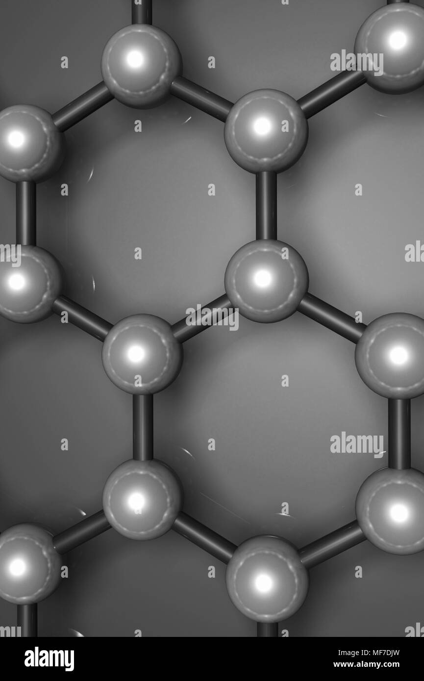 Graphene layer fragment, molecular model, hexagonal lattice of carbon atoms. 3d illustration Stock Photo