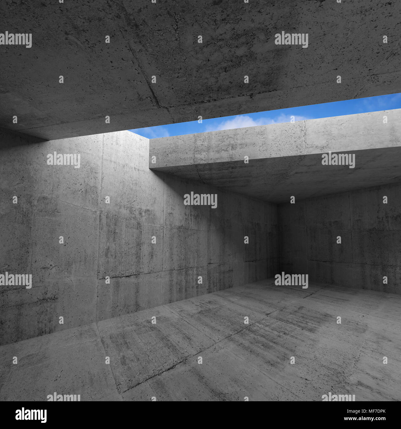 Empty Dark Room Interior With Concrete Walls And Blue Sky In