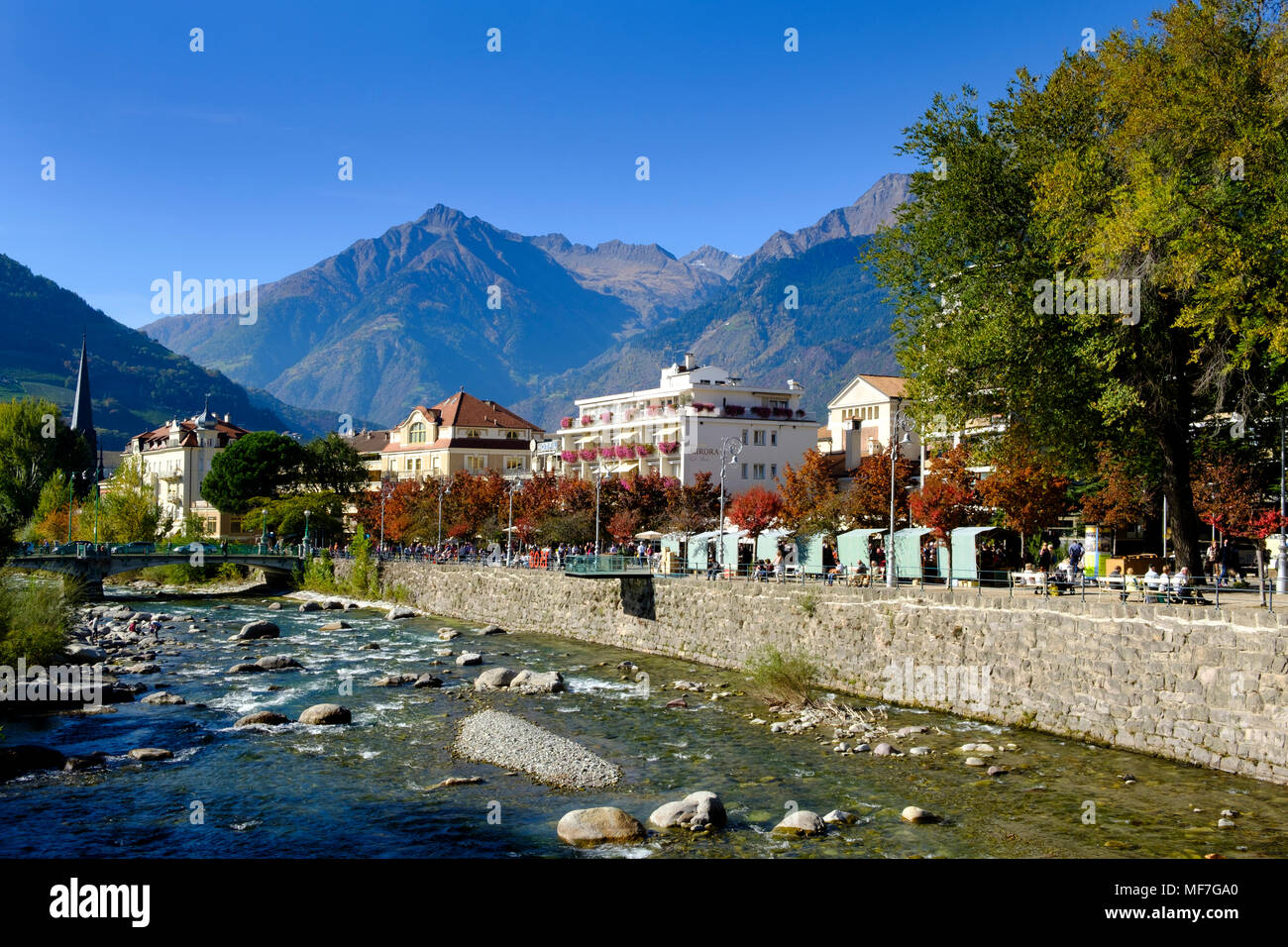 Kurhäuser, Hotels am Fluss Passer, Meran, Burggrafenamt, Südtirol, Italien, Stock Photo