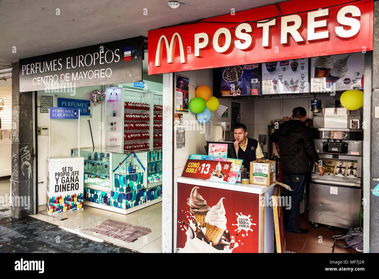 Mexico City,Mexican,Hispanic,historic Center Centre,McDonald's Dessert Kiosk,ice cream,shakes,man men male,cashier MX180305007 Stock Photo