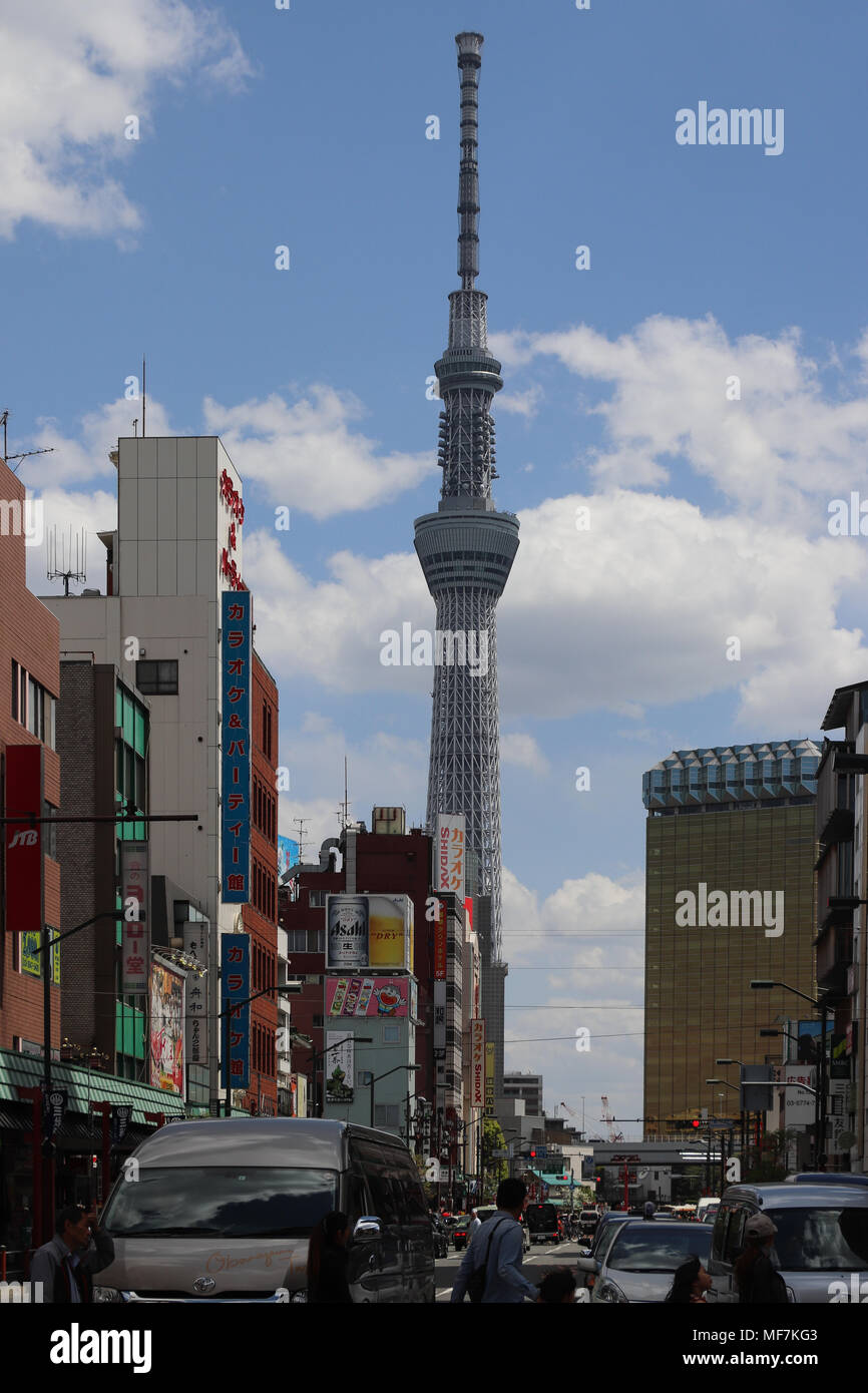 Japan's famous Skytree, rising above Tokyo, is the world's tallest tower at 2080 feet (634 m.).Broadcasts TV and radio communications,has restaurants Stock Photo