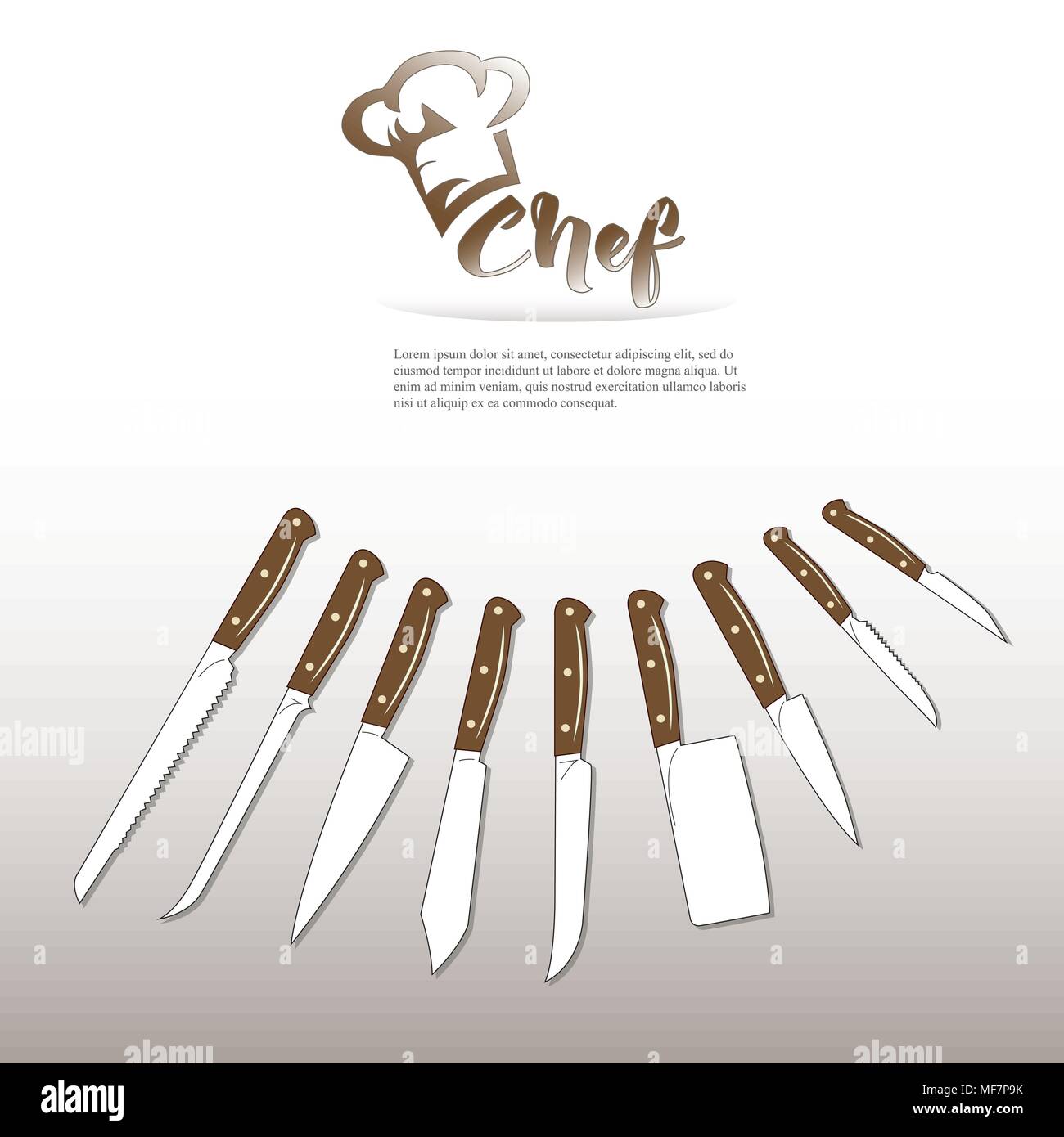 Set of kitchen knives with wooden handle chef logo Stock Vector