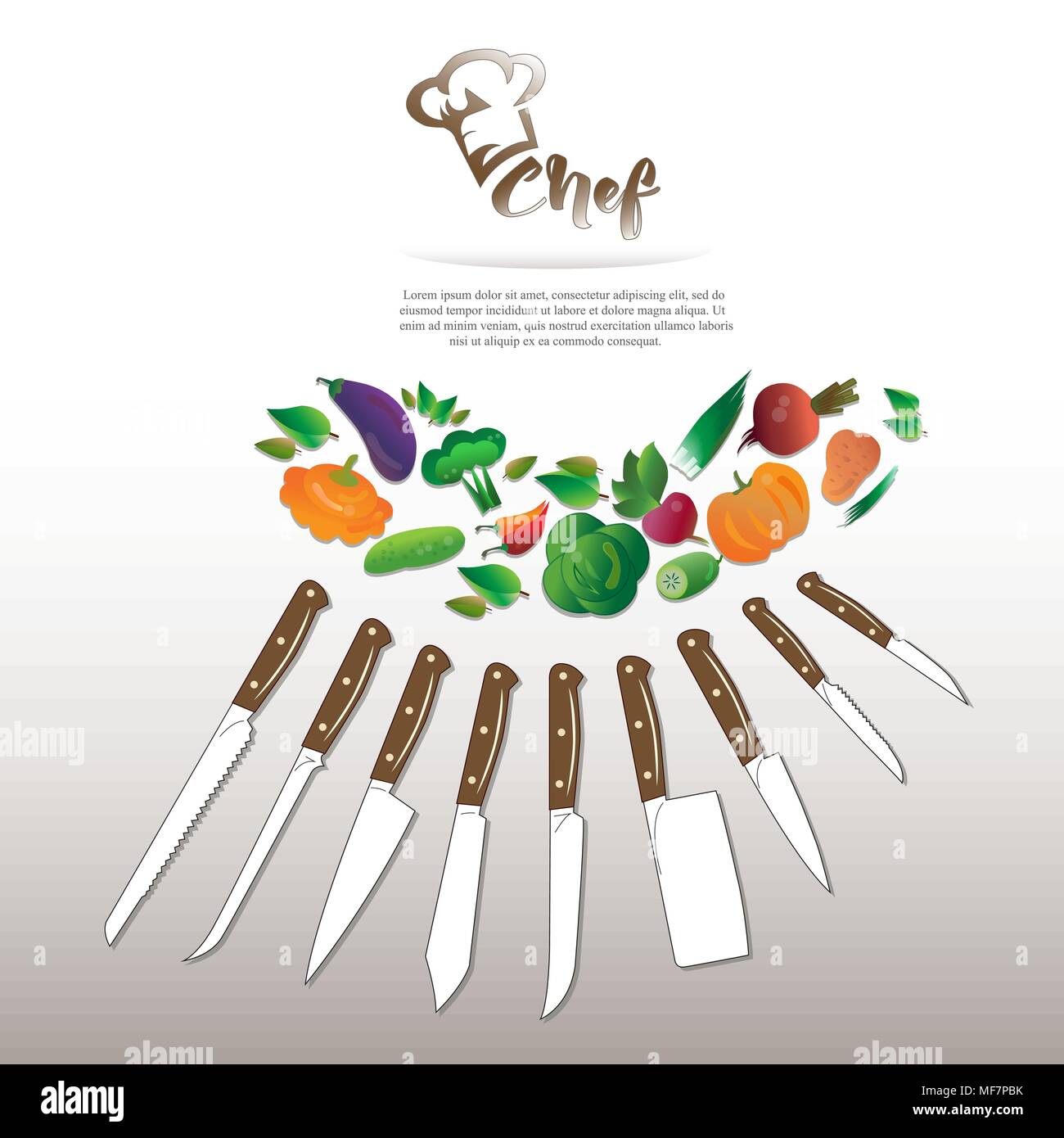 Set of kitchen knives with a set of vegetables Stock Vector