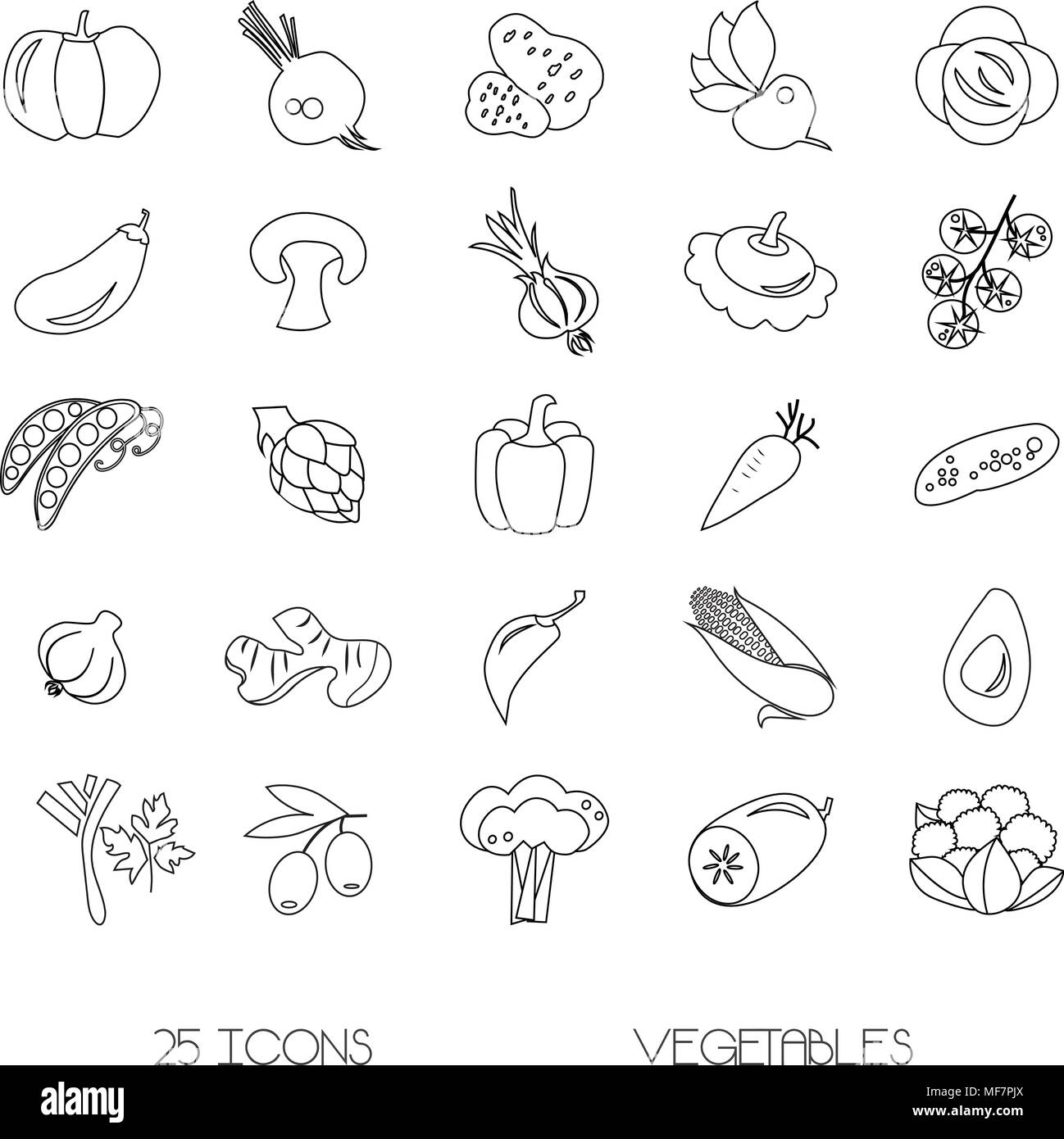 25 icons. basic set of vector icons of vegetables Stock Vector
