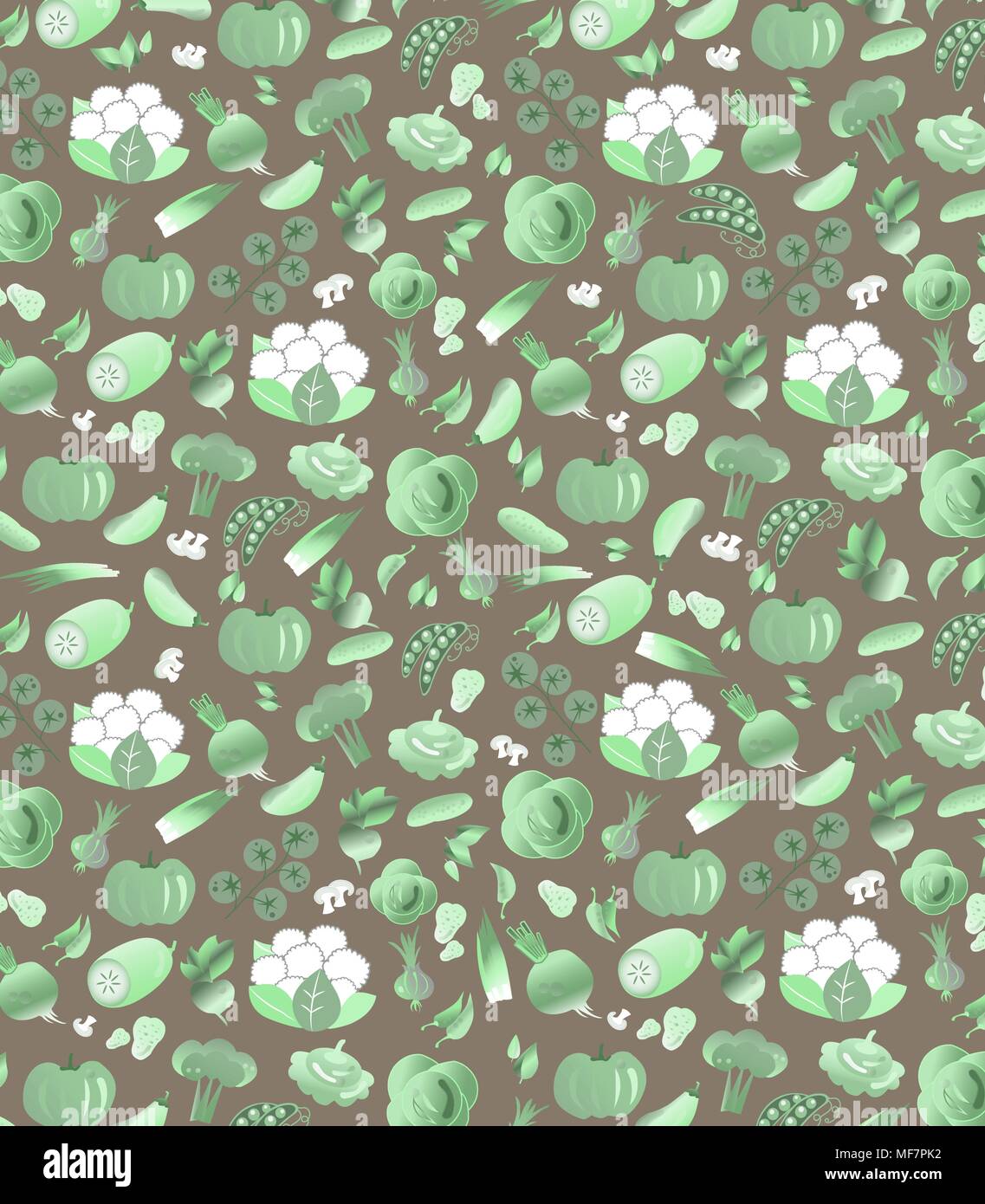 Vector drawings of vegetables. Green background with vegetables pattern